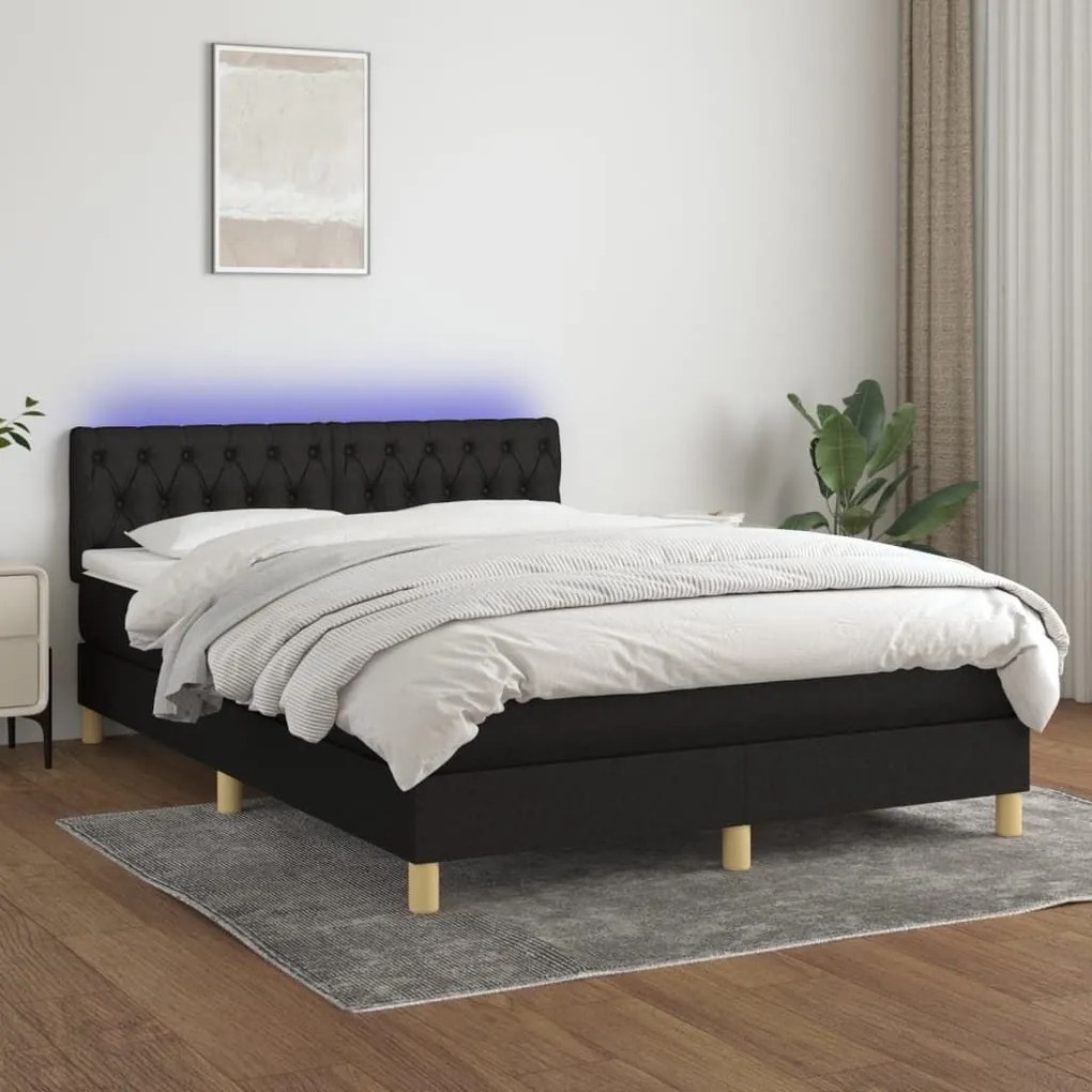 Κρεβάτι Boxspring με Στρώμα &amp; LED Μαύρο 140x190 εκ. Υφασμάτινο - Μαύρο