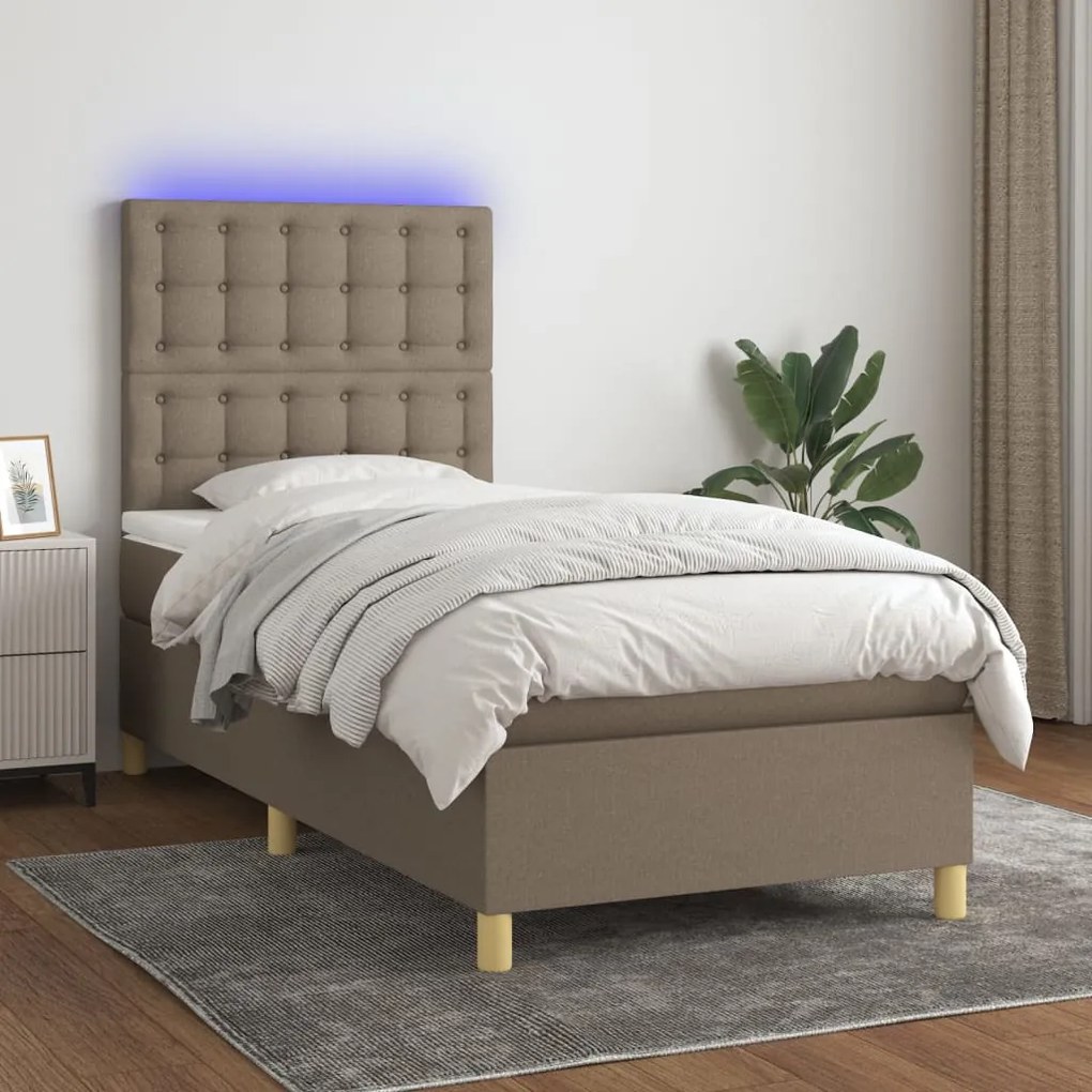 vidaXL Κρεβάτι Boxspring με Στρώμα & LED Taupe 90x190 εκ. Υφασμάτινο