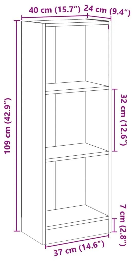 Βιβλιοθήκη με 3 Ράφια Γυαλ. Λευκό 40x24x109 εκ. Επεξεργ. Ξύλο - Λευκό