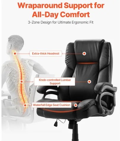 VEVOR Executive Chair High Back Office Chair Knob-Control Lumbar Support Black
