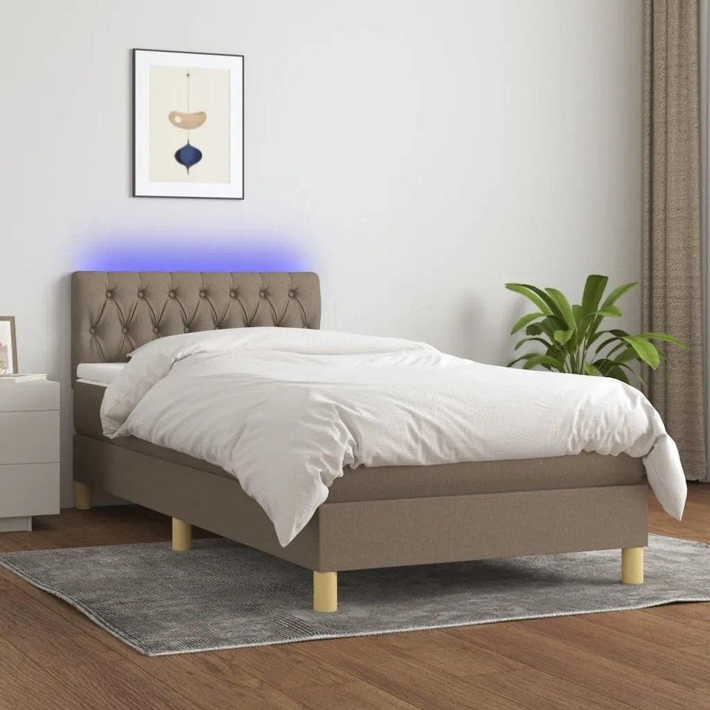 Κρεβάτι Boxspring με Στρώμα &amp; LED Taupe 90x190 εκ. Υφασμάτινο