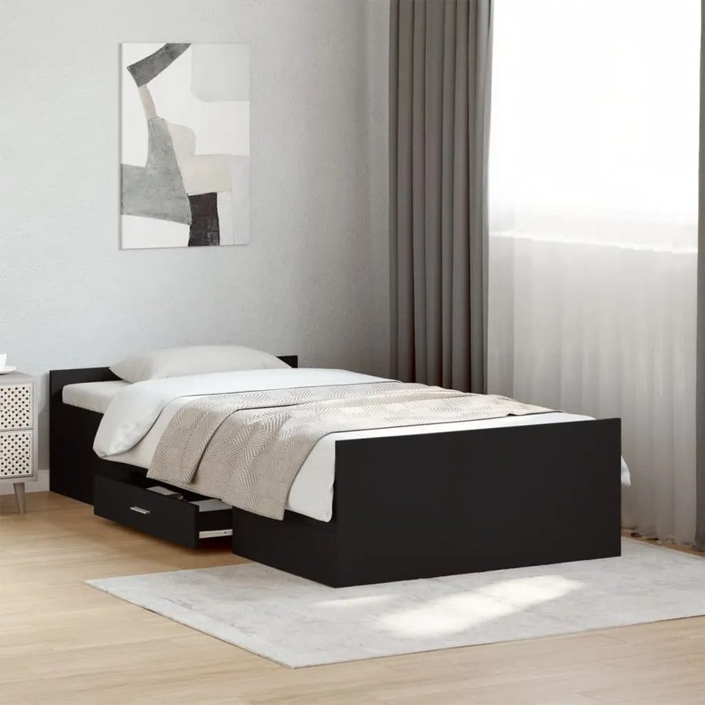 vidaXL Πλαίσιο Κρεβατιού με Συρτάρια Μαύρο 75x190εκ Επεξεργασμένο Ξύλο