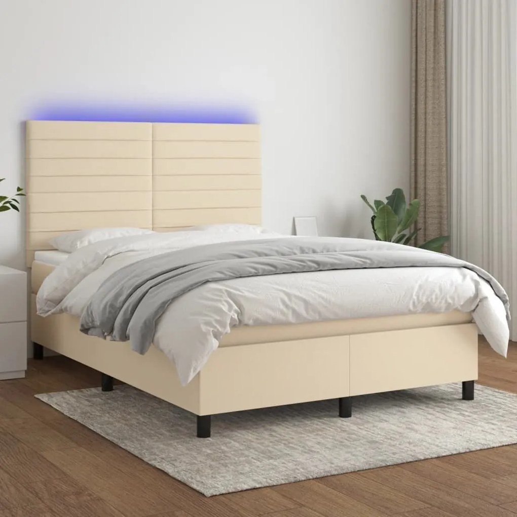 ΚΡΕΒΑΤΙ BOXSPRING ΜΕ ΣΤΡΩΜΑ &amp; LED ΚΡΕΜ 140X200 ΕΚ. ΥΦΑΣΜΑΤΙΝΟ 3134962