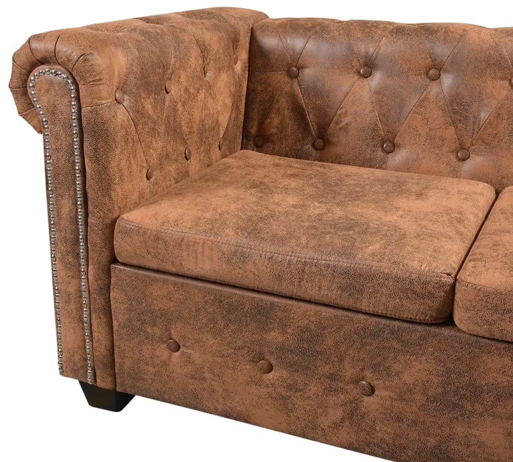 vidaXL Γωνιακός Καναπές Chesterfield 5 Θέσεων Καφέ από Συνθετικό Δέρμα