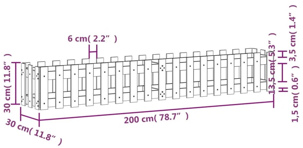 Ζαρντινιέρα με Σχέδιο Φράχτη Μαύρη 200x30x30 εκ. Μασίφ Πεύκο - Μαύρο