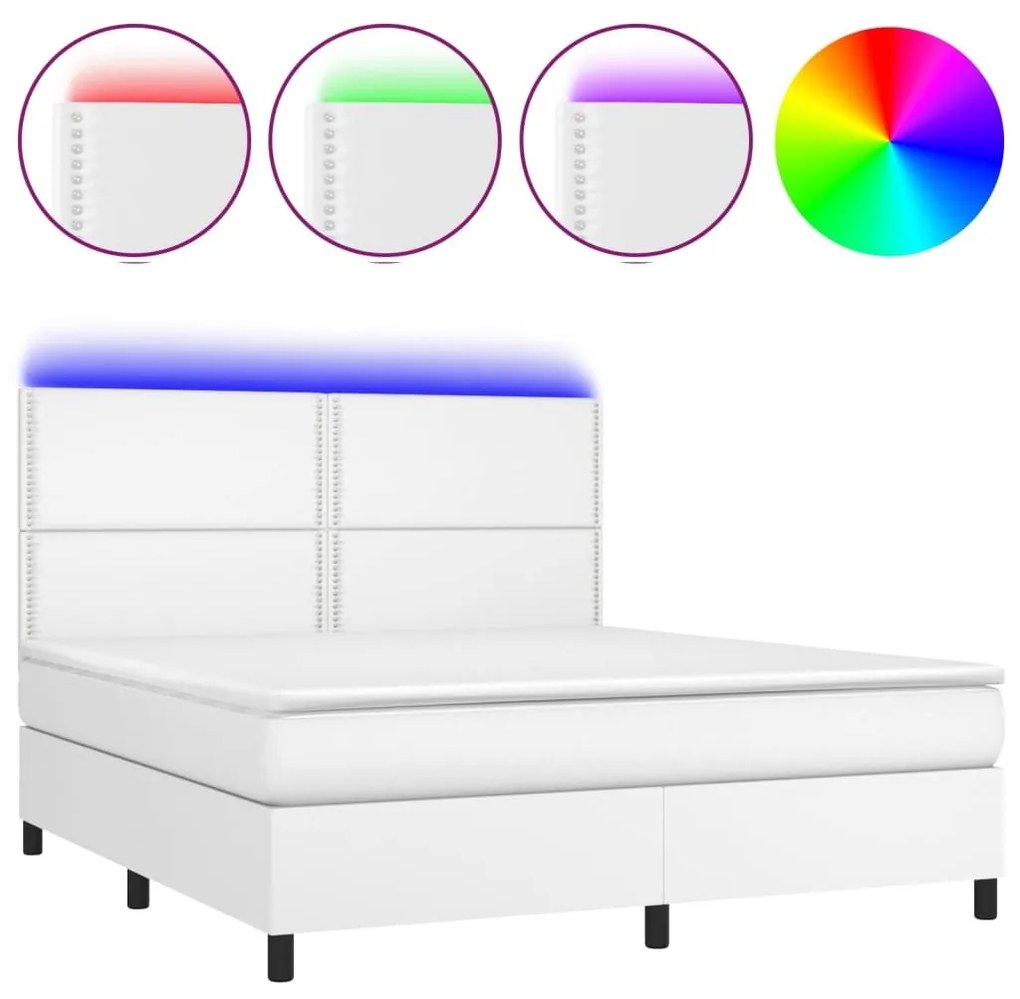 Κρεβάτι Boxspring με Στρώμα &amp; LED Λευκό 160x200 εκ. Συνθ. Δέρμα - Λευκό