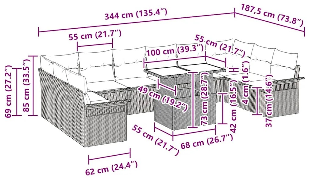 vidaXL Σετ Καναπέ Κήπου 11 Τεμαχίων με Μαξιλάρια Μπεζ Πολυ-Ράτταν