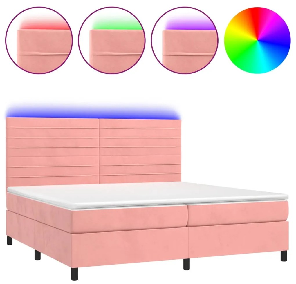 vidaXL Κρεβάτι Boxspring με Στρώμα & LED Ροζ 200x200 εκ. Βελούδινο