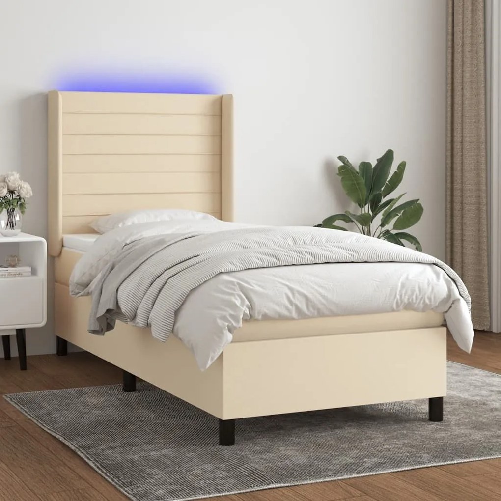 Κρεβάτι Boxspring με Στρώμα &amp; LED Κρεμ 100x200 εκ. Υφασμάτινο - Κρεμ