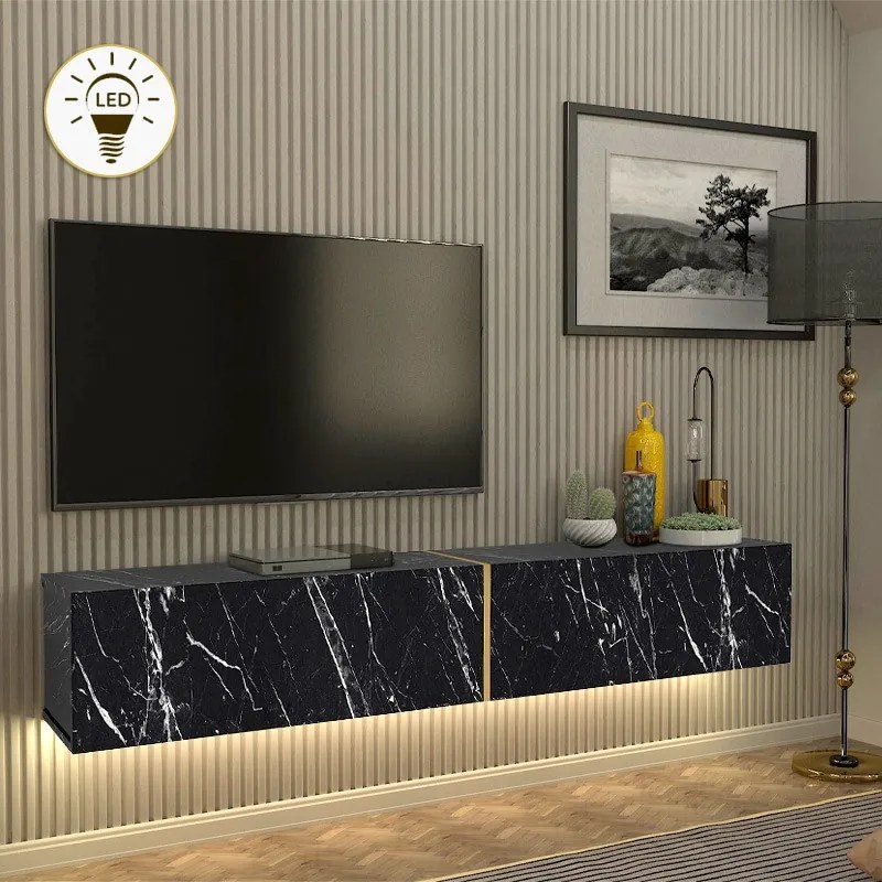 Megapap Έπιπλο Τηλεόρασης Επιτοίχιο Figure Με Led Μαύρο Εφέ Μαρμάρου 181,8x31,7x30εκ.