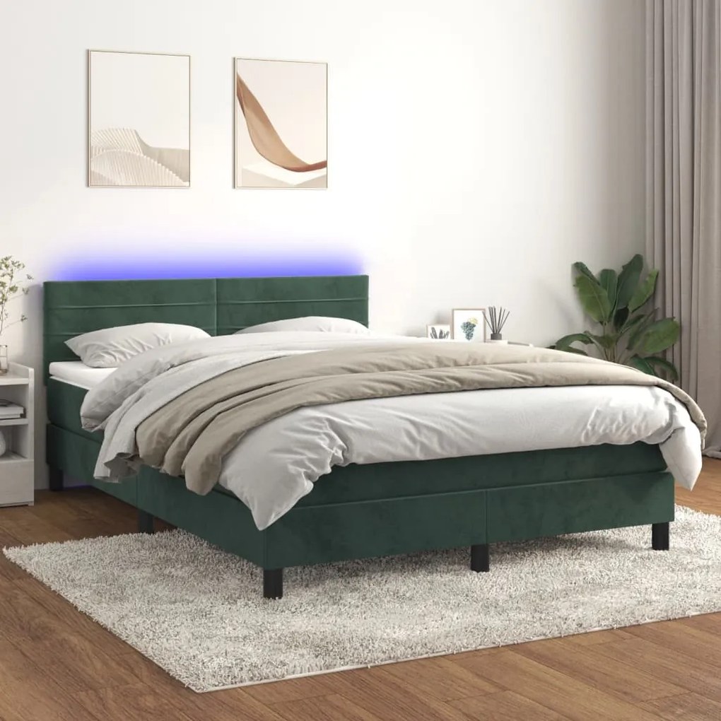 vidaXL Κρεβάτι Boxspring με Στρώμα & LED Σκ. Πράσινο 140x200εκ Βελούδο