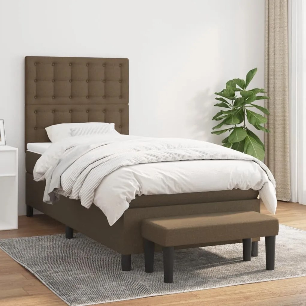 vidaXL Κρεβάτι Boxspring με Στρώμα Σκούρο Καφέ 90x190 εκ. Υφασμάτινο