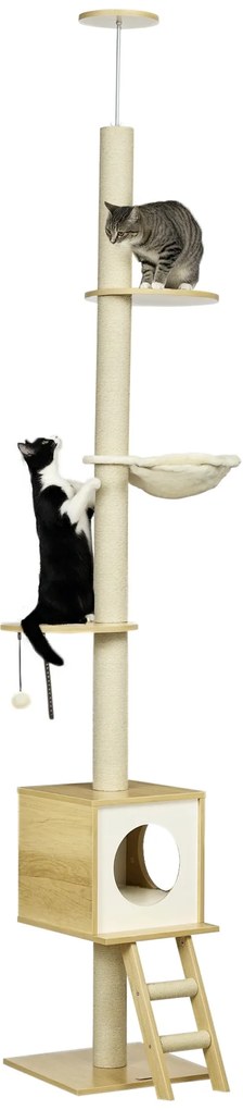 PawHut Δέντρο για γάτες, ύψους οροφής, σπίτι για γάτες, δύο πλατφόρμες, αιώρα, προστασία από ανατροπή, ανοιχτό καφέ+μπεζ, 40 x 40 x 260 cm