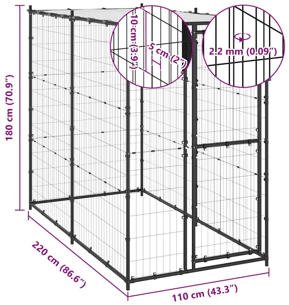 vidaXL Κλουβί Σκύλου Εξ. Χώρου Ατσάλι 110 x 220 x 180 εκ. με Στέγαστρο