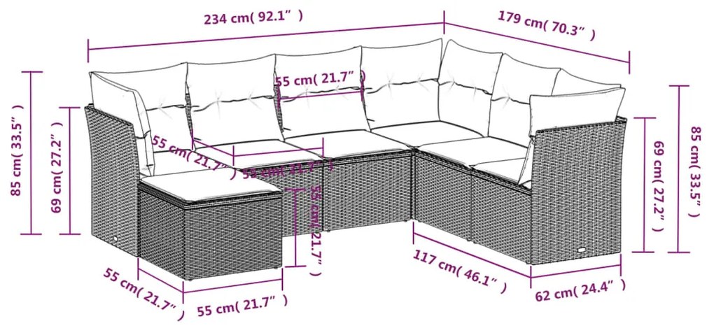 vidaXL Σαλόνι Κήπου Σετ 7 Τεμαχίων Γκρι Συνθετικό Ρατάν με Μαξιλάρια