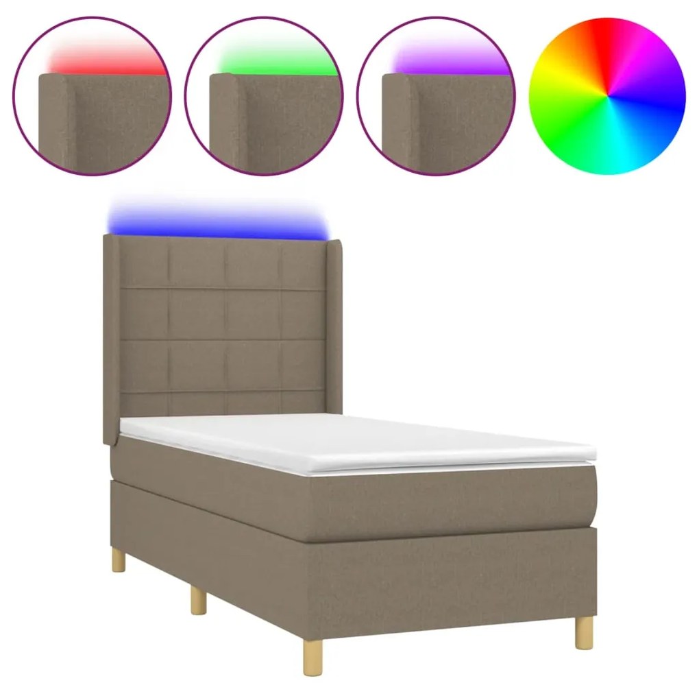 Κρεβάτι Boxspring με Στρώμα &amp; LED Taupe 90x200 εκ. Υφασμάτινο - Μπεζ-Γκρι