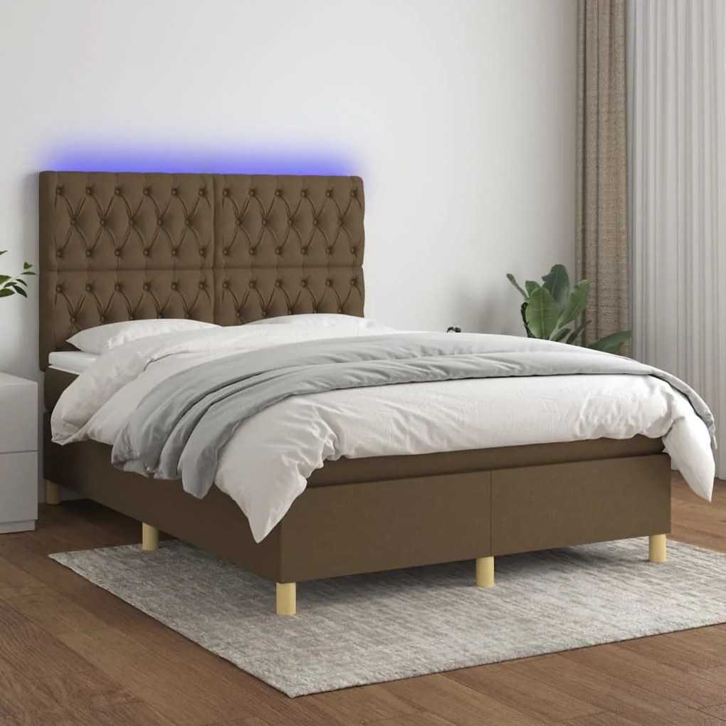 Κρεβάτι Boxspring με Στρώμα &amp; LED Σκ.Καφέ 140x190εκ. Υφασμάτινο