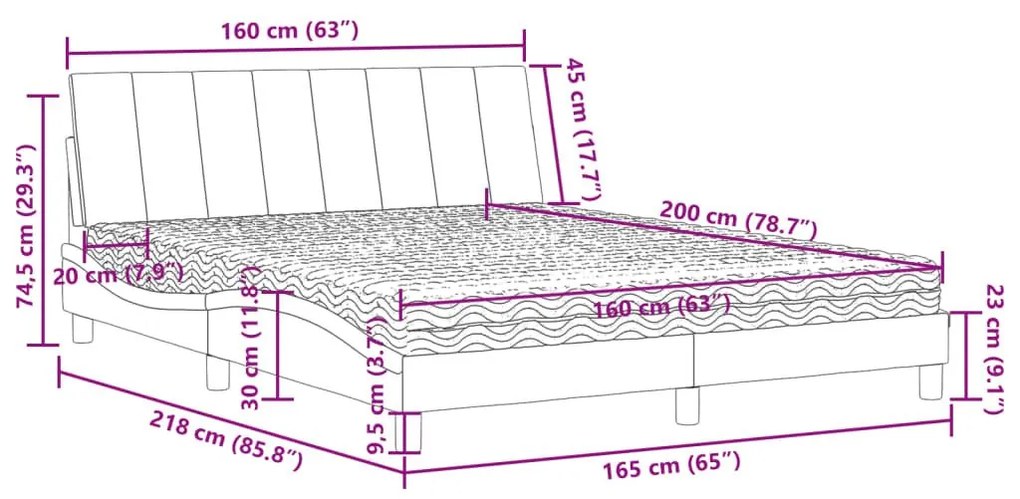 Κρεβάτι με Στρώμα Σκούρο Γκρι 160x200 εκ. Βελούδινο - Γκρι