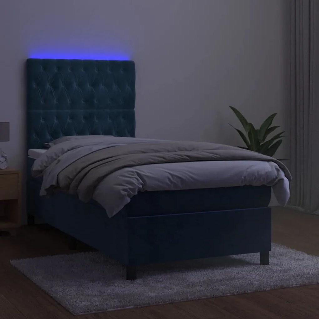 vidaXL Κρεβάτι Boxspring με Στρώμα & LED Σκ. Μπλε 80x200 εκ. Βελούδινο