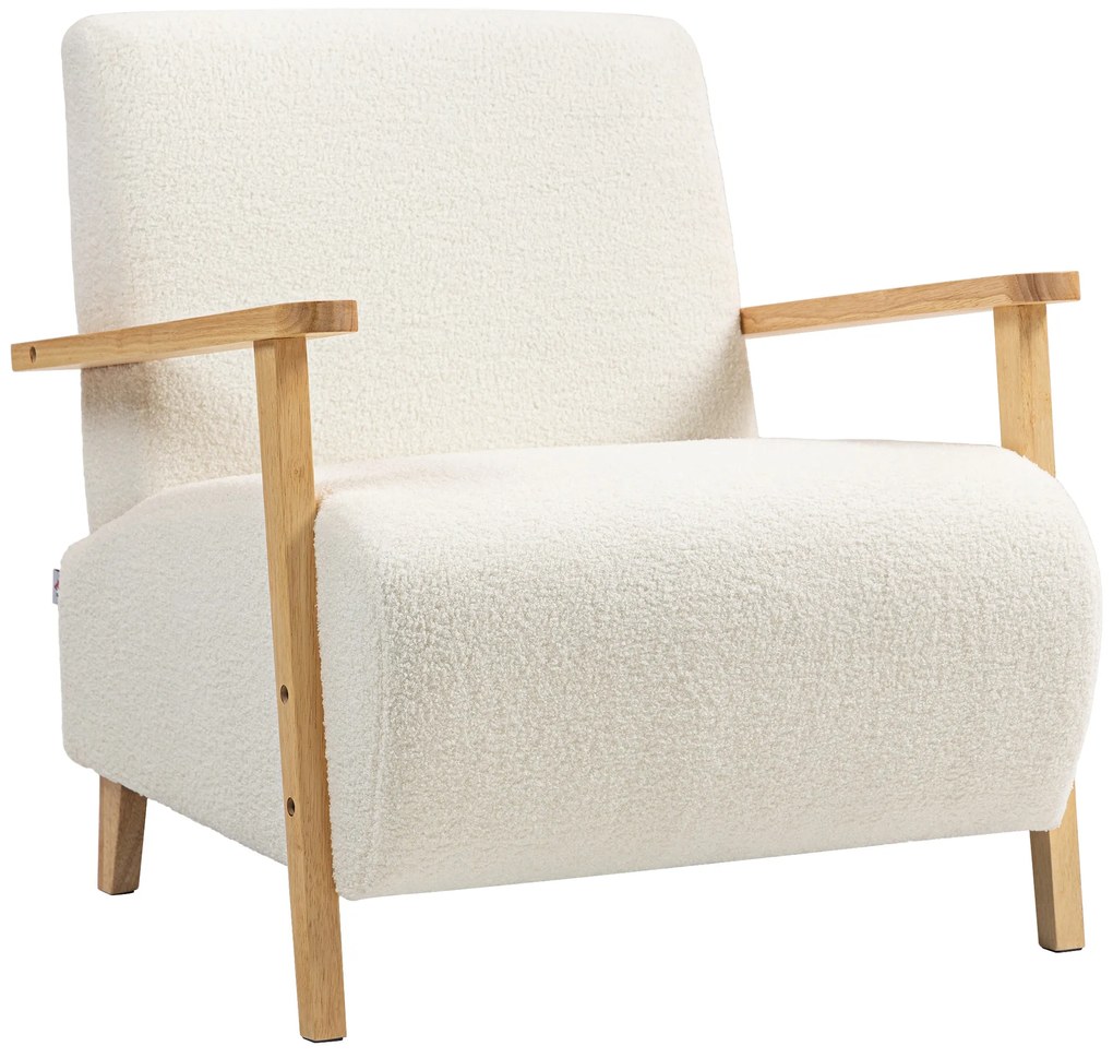 HOMCOM Πολυθρόνα με πλάτη, μπράτσα, Γεμισμένη πολυθρόνα lounge με εμφάνιση Sherpa, ξύλινα πόδια, για υπνοδωμάτιο, σαλόνι, έως 120 kg, κρεμ λευκό