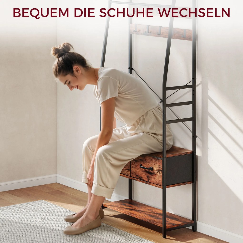 Κρεμάστρα HOMCOM με παπουτσοθήκη, βάση παλτών με πάγκο, 10 γάντζους, 2 υφασμάτινα συρτάρια, ράβδο ρούχων, μοριοσανίδα, μέταλλο, καφέ