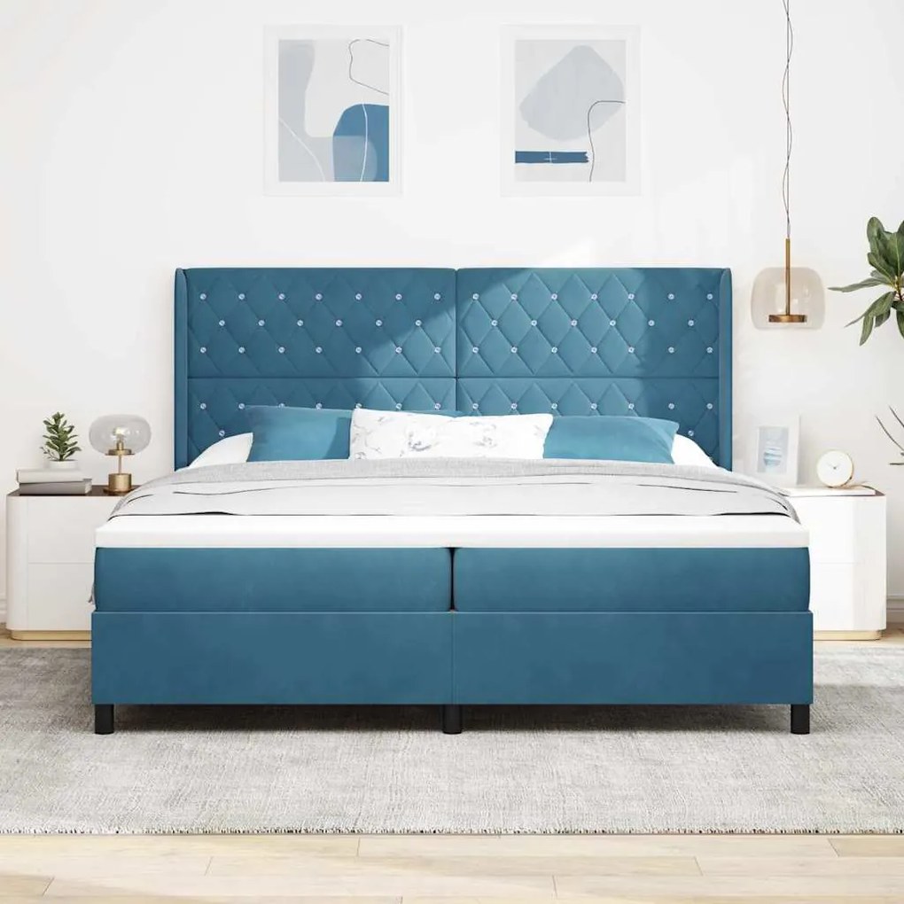 vidaXL Κρεβάτι Box Spring LED με Στρώμα Μπλε 200 x 200 cm Βελούδο