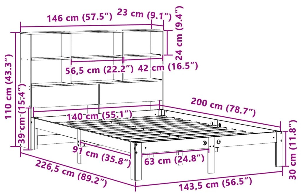 Κρεβάτι Βιβλιοθήκη Χωρίς Στρώμα 140x200 εκ Μασίφ Ξύλο Πεύκο - Λευκό