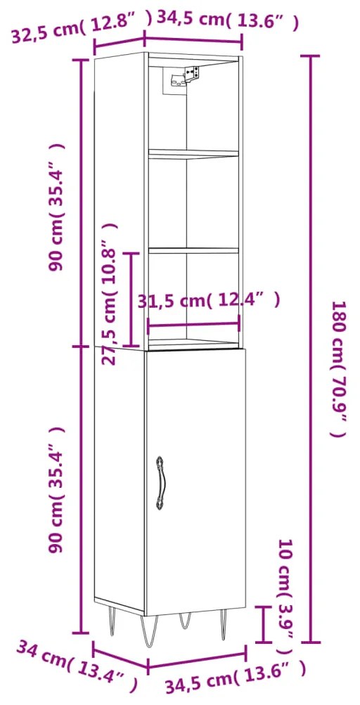 Μπουφές Sonoma δρυς 34,5 x 34 x 180 εκ. από Επεξεργασμένο Ξύλο - Καφέ