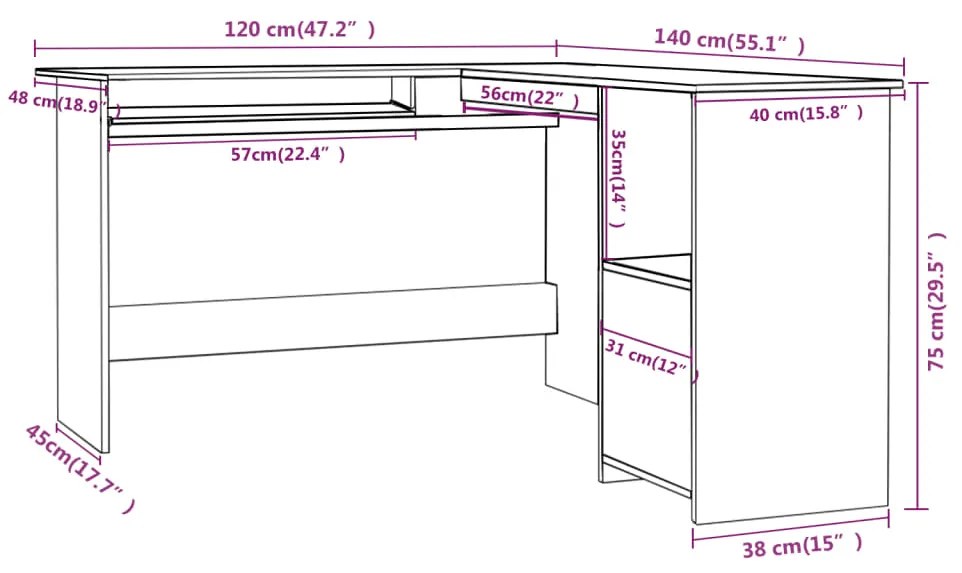 vidaXL Γραφείο Γωνιακό Sonoma Δρυς 120 x 140 x 75 εκ. από Επεξ. Ξύλο