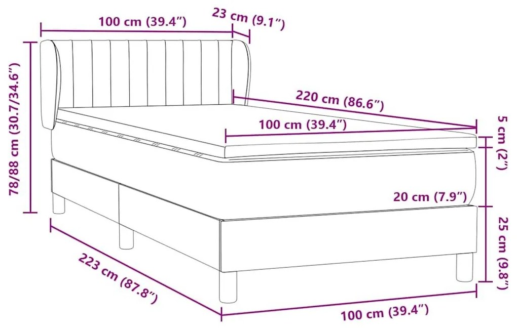 Box Spring Κρεβάτι με στρώμα Σκούρο γκρι 100x220 εκ. Βελούδινο - Γκρι