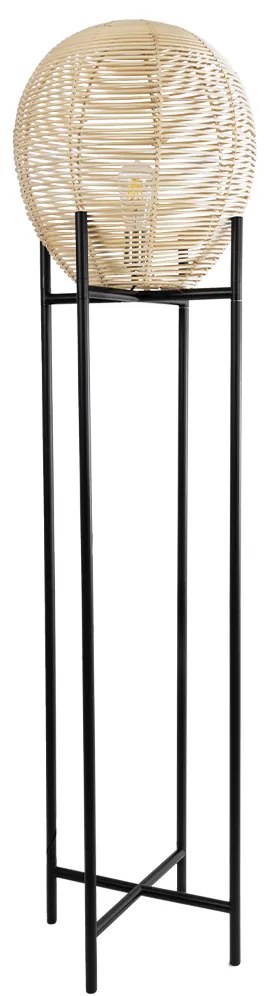 GloboStar® NERINA 02016 Boho Επιδαπέδιο Φωτιστικό Μονόφωτο 1 x E27 AC220-240V IP20 - Φ40 x Υ160cm - Μαύρο Μεταλλικό με Μπεζ Ρατάν Καπέλο Πλέγμα - 5 Χρόνια Εγγύηση