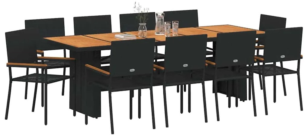 vidaXL Σέτ φαγητού για κήπο 11 pcs Μαύρο Πολυ ράταν