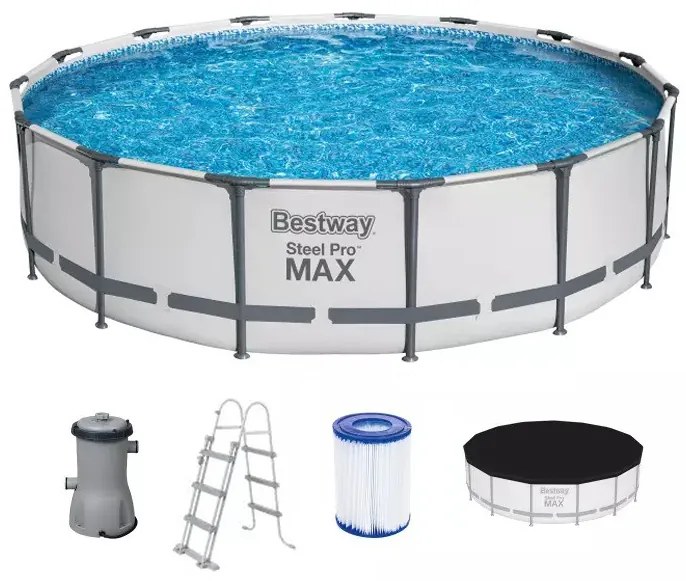 Power Steel Pro Max POOL SET BESTWAY Στρογγυλή Πισίνα PVC με Μεταλλικό Σκελετό, Αντλία Φίλτρου, Σκάλα &amp; Κάλυμμα, Φ4.57 x 1.07 m, 56488