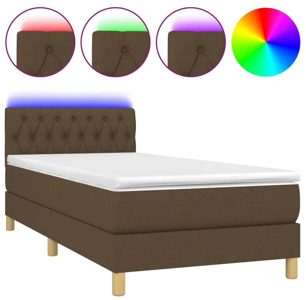 Κρεβάτι Boxspring με Στρώμα &amp; LED Σκ.Καφέ 90x200 εκ. Υφασμάτινο  - Καφέ