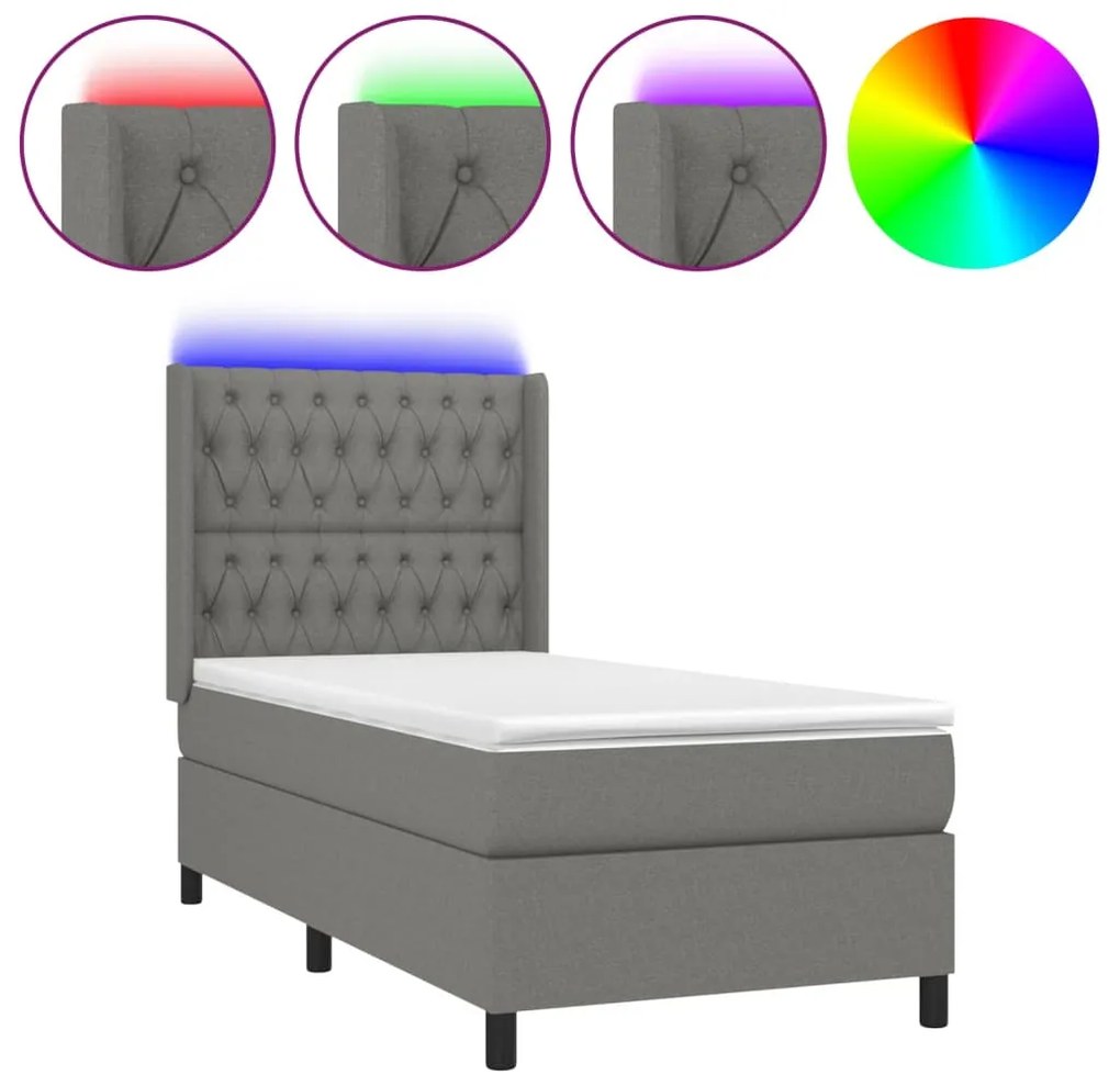 vidaXL Κρεβάτι Boxspring με Στρώμα &amp; LED Σκ.Γκρι 100x200 εκ Υφασμάτινο