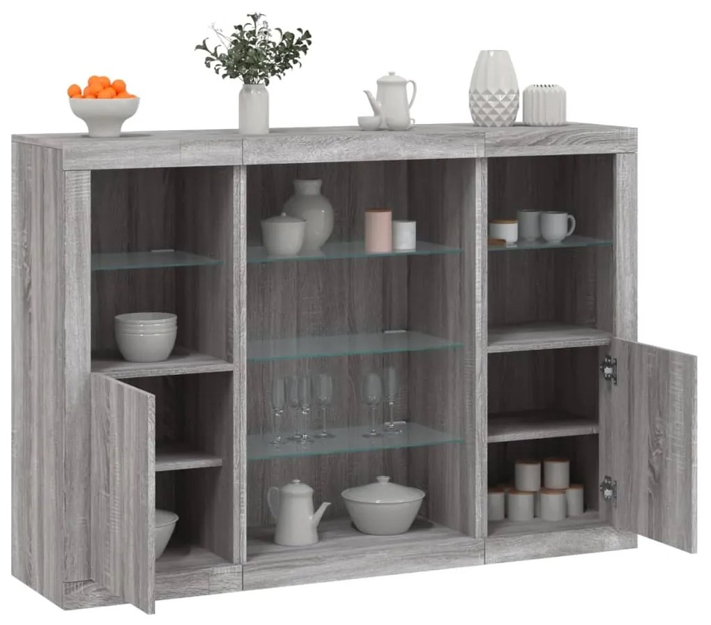 Μπουφέδες με Φώτα LED 3 τεμ. Γκρι Sonoma από Επεξεργασμένο Ξύλο