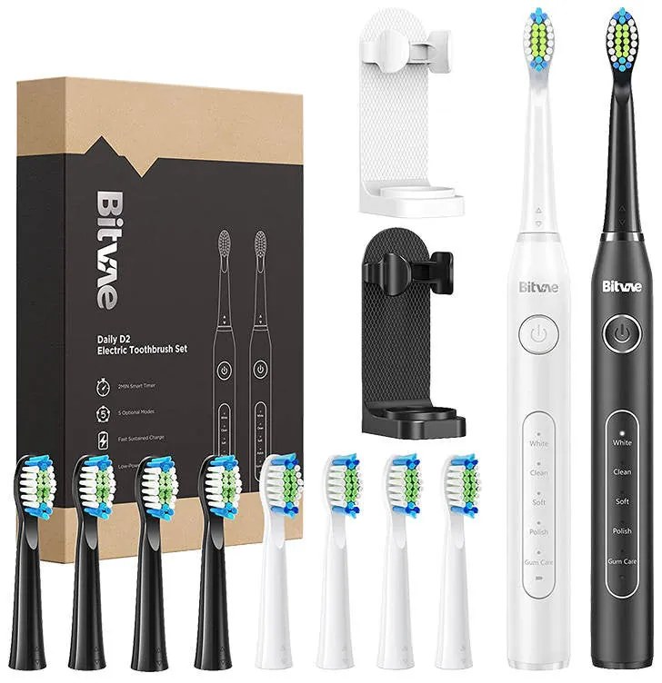 Sonic toothbrushes with tips set and 2 holders Bitvae D2+D2 (white and black)
