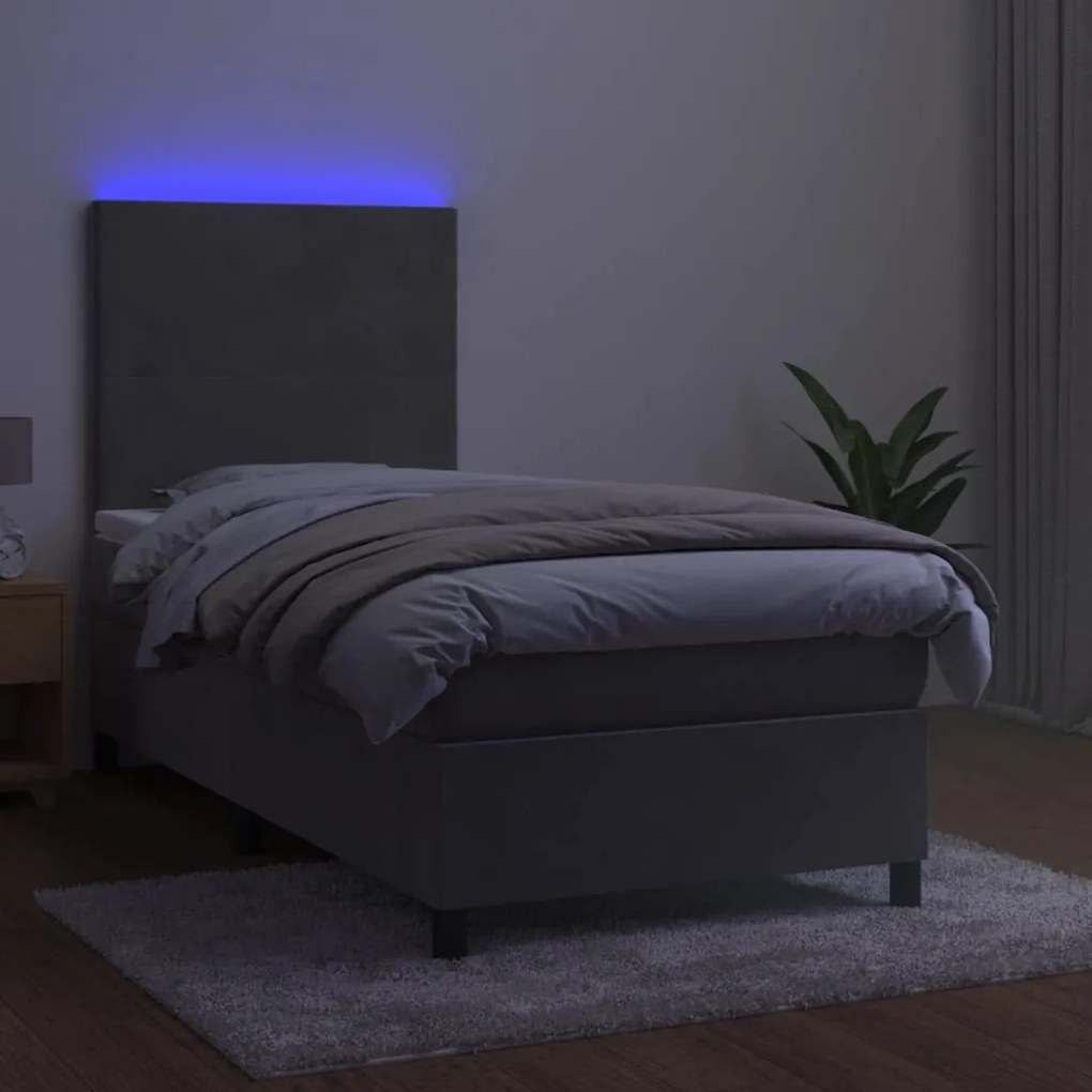 vidaXL Κρεβάτι Boxspring με Στρώμα & LED Αν.Γκρι 80x200 εκ. Βελούδινο