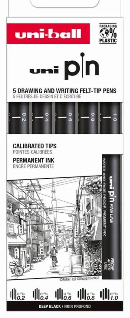 Μαρκαδόροι Σχεδίου Uni-pin με πάχος μύτης 0.2/0.4/0.6/0.8/1.0mm - 5 τεμάχια