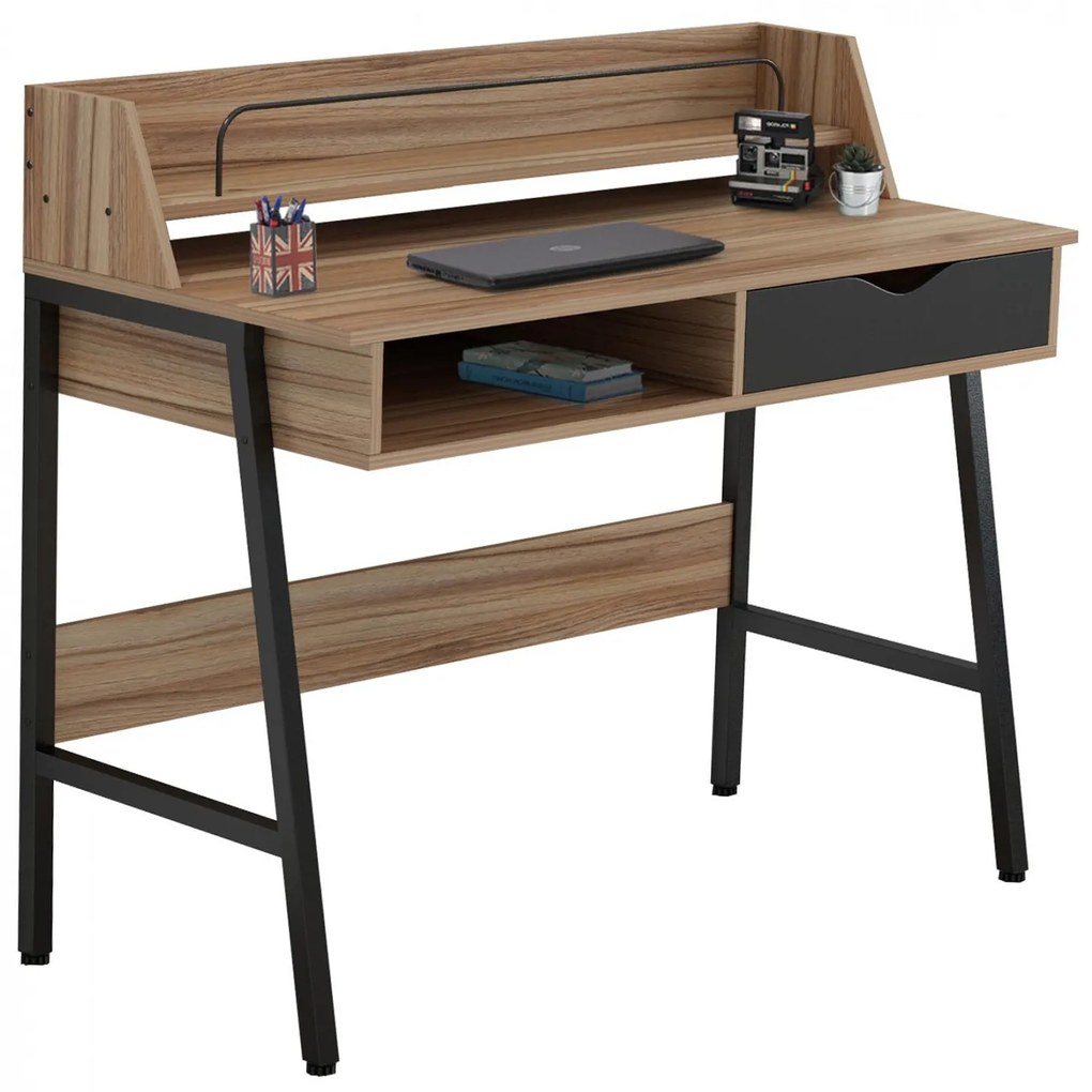 DESK  MELAMINE IN WALNUT AND BLACK-BLACK METAL FRAME 104Χ48Χ89Hcm.