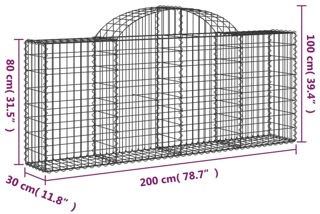 Συρματοκιβώτια Τοξωτά 30 τεμ. 200x30x80/100 εκ. Γαλβαν. Ατσάλι - Ασήμι