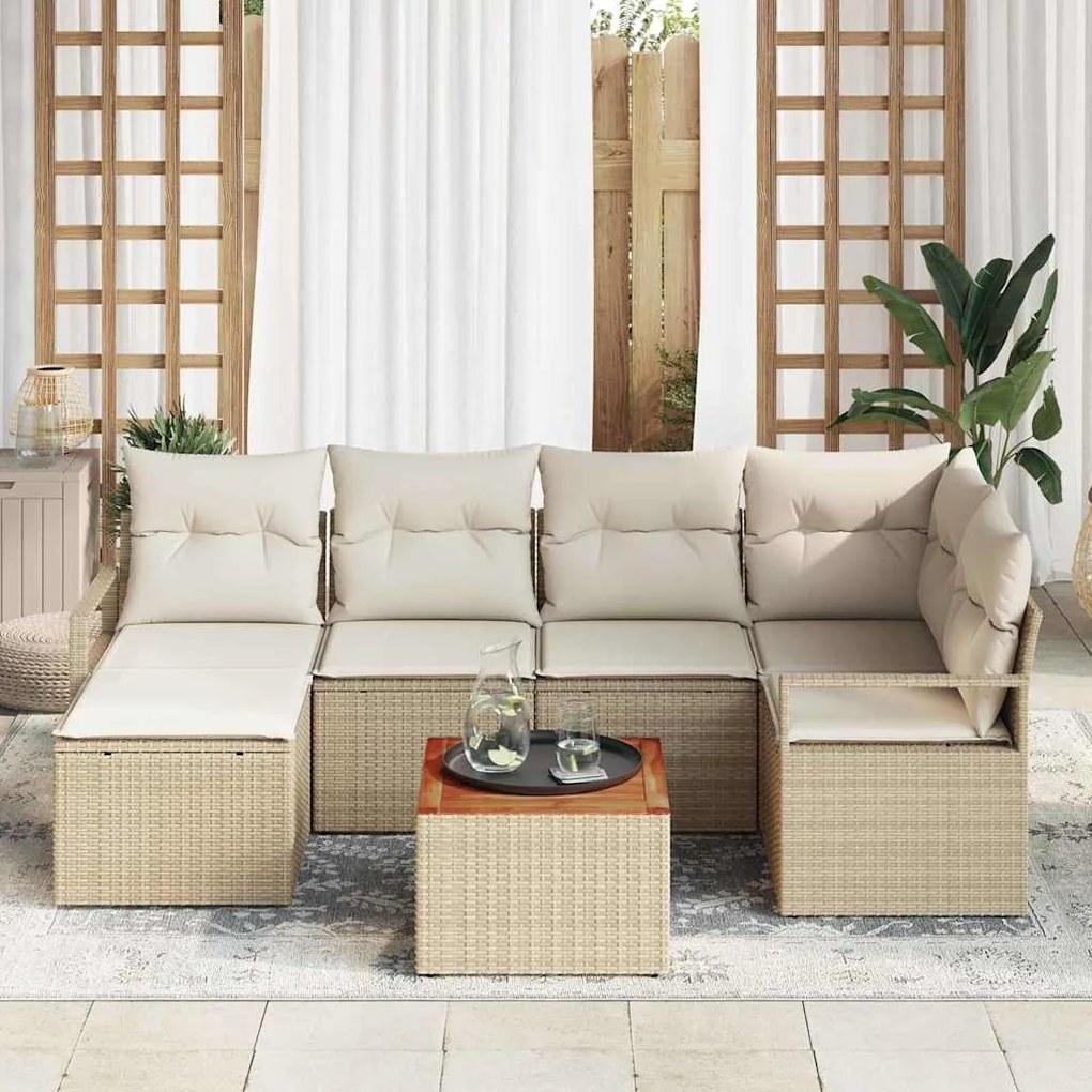 vidaXL Σετ Καναπέ Κήπου με μαξιλάρι 7 pcs Μπεζ Πολυ ράταν