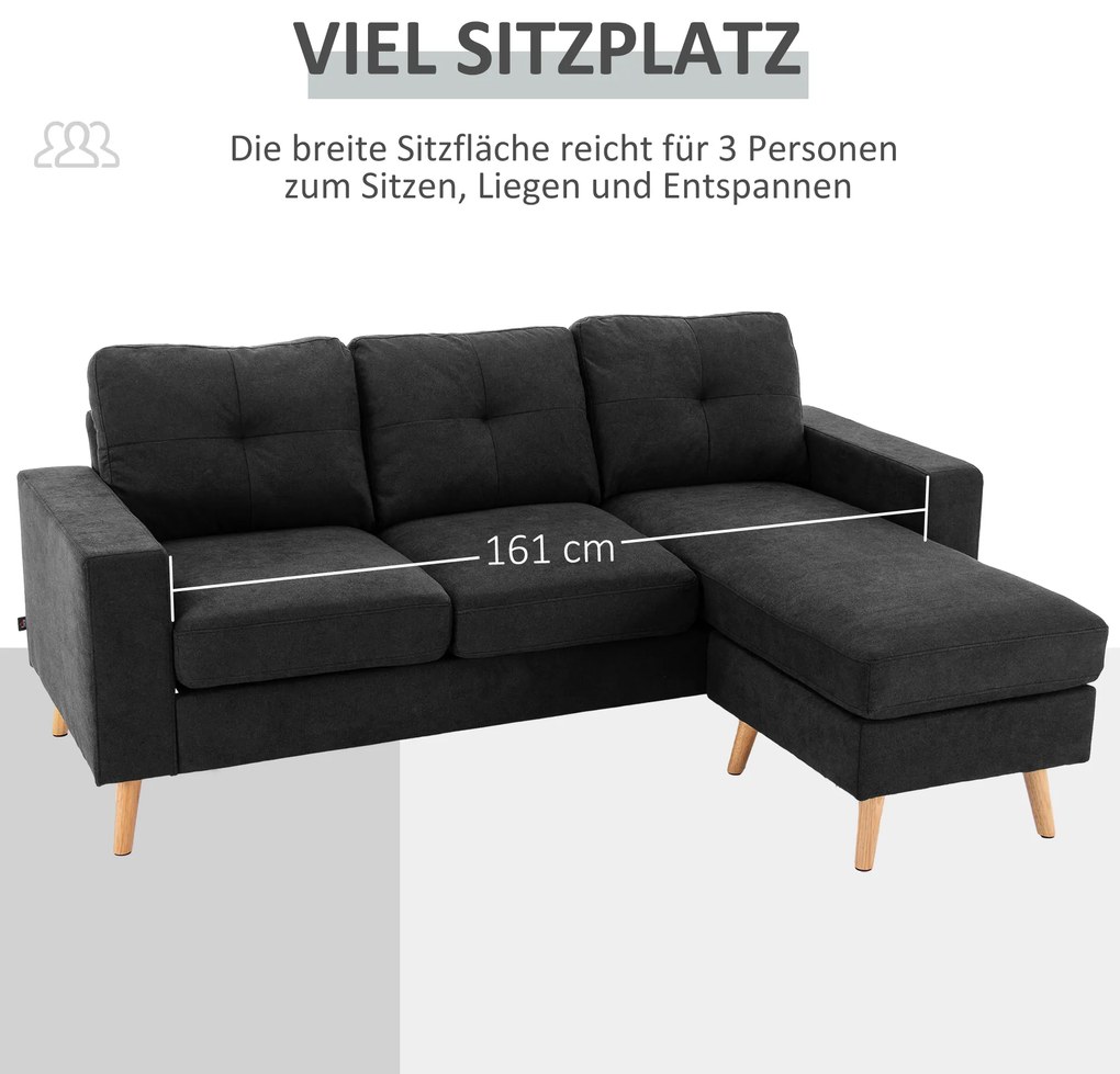 HOMCOM Καναπές τριών θέσεων, γωνιακός καναπές, με chaise longue, καπιτονέ κουμπιά, 193x136x85 cm, Μαύρο