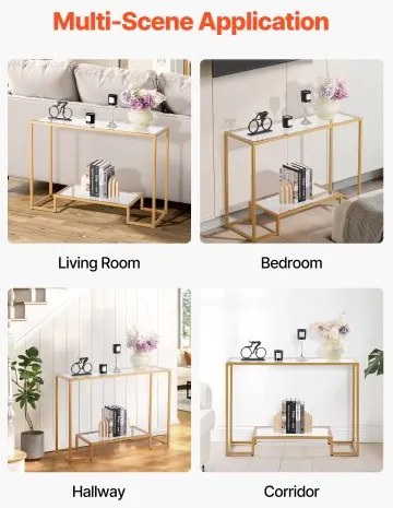 VEVOR 2-Tier Glass Console Table Rectangle Sofa Side Table with Anti-Tip Golden