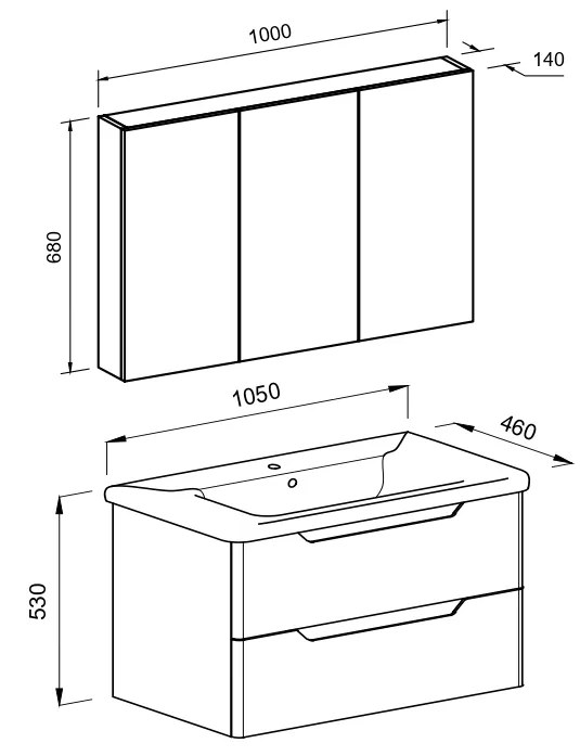 Σετ Έπιπλο Μπάνιου PERLA Λευκό MDF 18mm Λάκα 100 9SPER100WHM (Πάγκος 105x53x46cm, Καθρέφτης 100x14x68cm, Νιπτήρας 105x46cm)