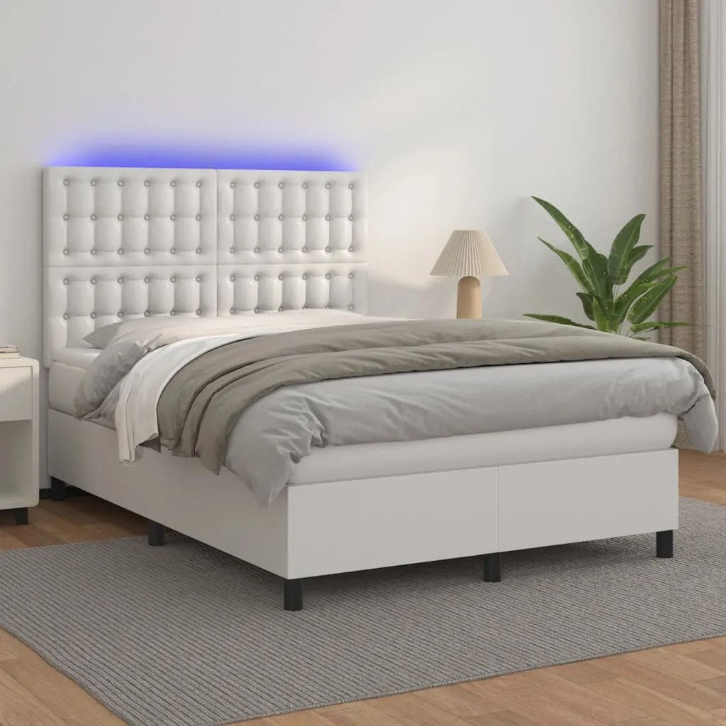 Κρεβάτι Boxspring με Στρώμα &amp; LED Λευκό 140x200 εκ. Συνθ. Δέρμα - Λευκό