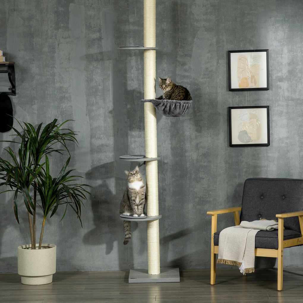 PawHut Ορθοστάτης για γάτες με αιώρα, με ελατήριο οροφής, ύψος οροφής, 40 εκ. x 40 εκ. x 250 εκ., Γκρι + Κρεμ