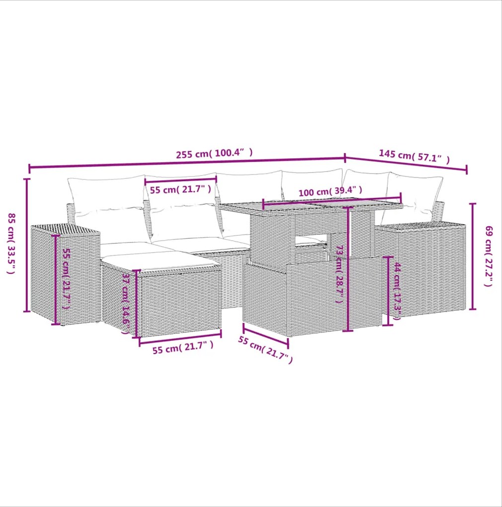 vidaXL Καναπές Σετ 7 Τεμαχίων Μαύρο Συνθετικό Ρατάν με Μαξιλάρια
