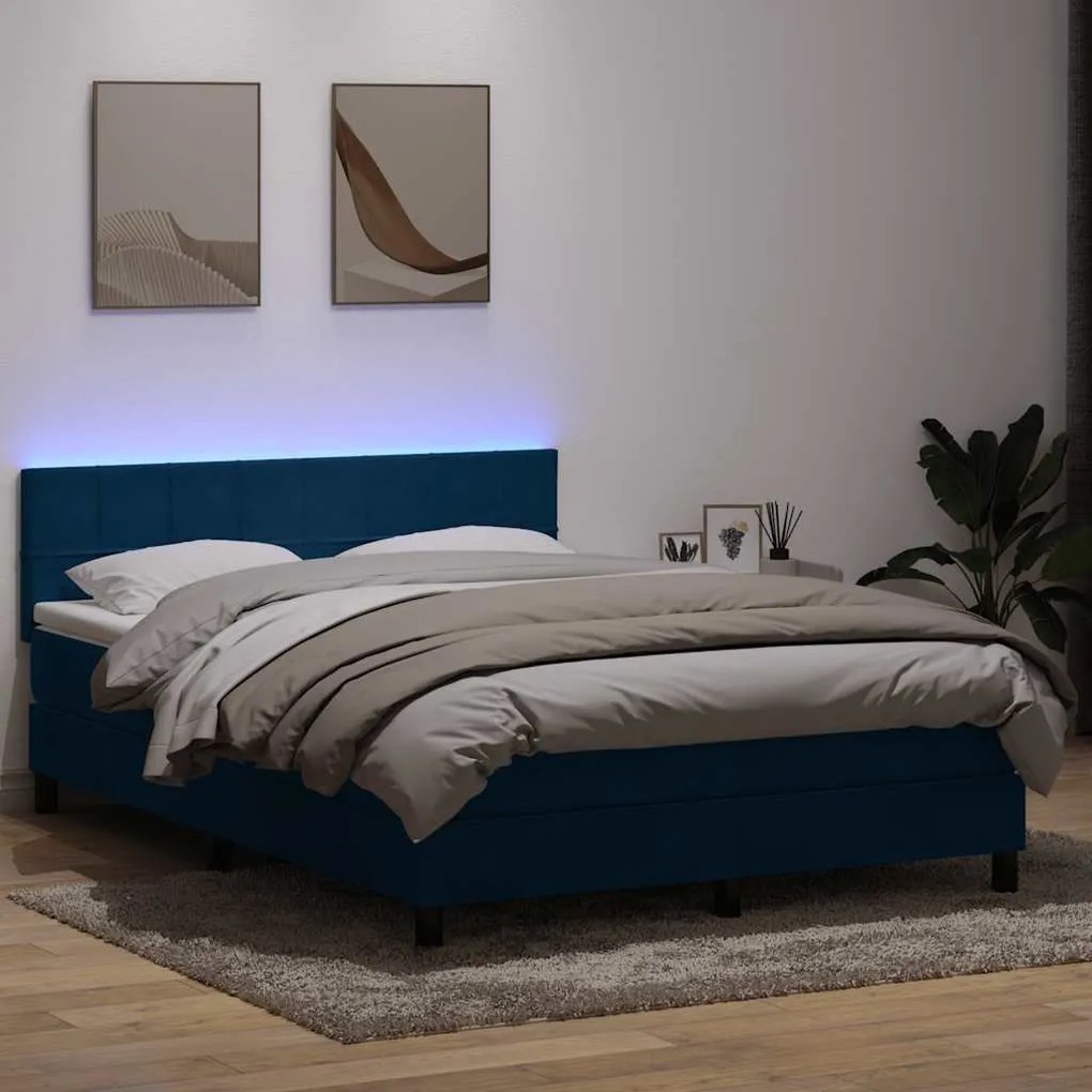 vidaXL Κρεβάτι Boxspring με Στρώμα &amp; LED Σκούρο Μπλε 140x210 εκ. Βελούδινο