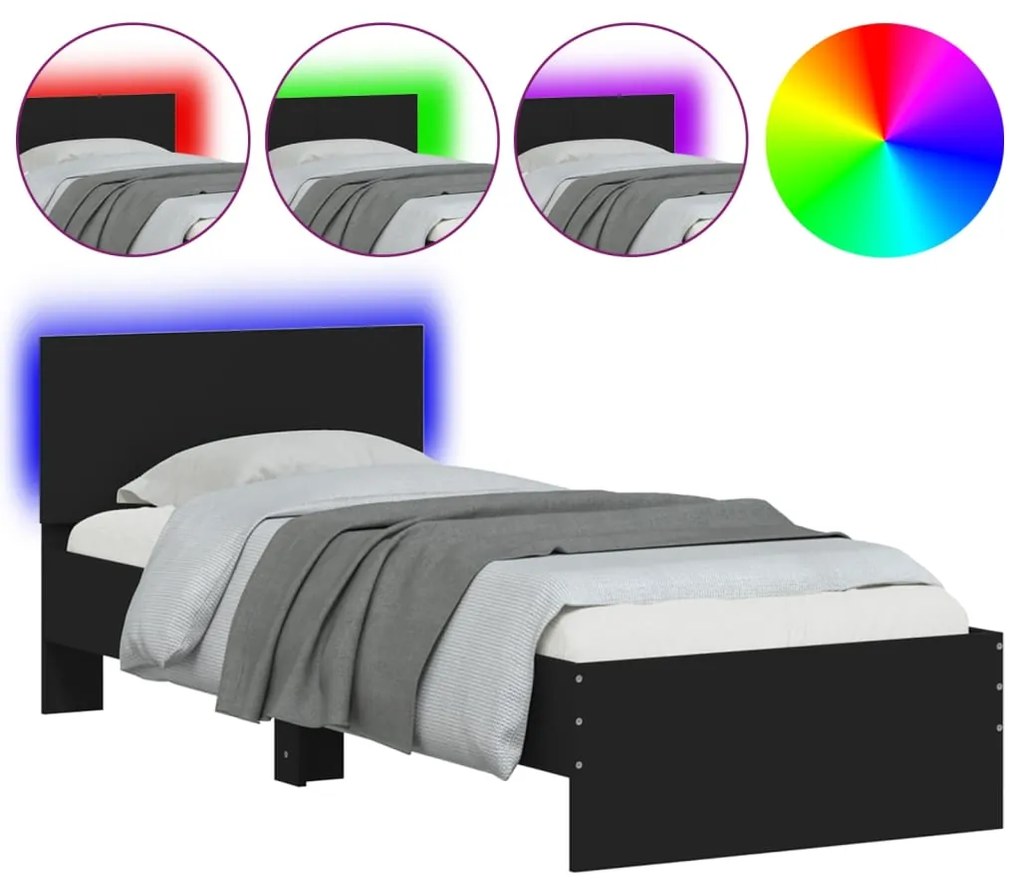 vidaXL Πλαίσιο Κρεβατιού με Κεφαλάρι &amp; λυχνίες LED Μαύρο 75 x 190 εκ.